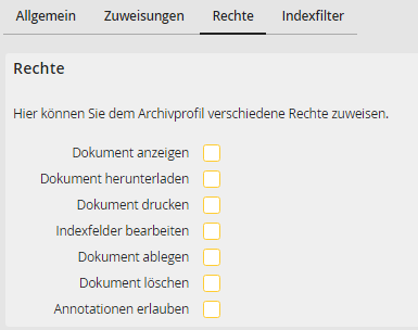Archivprofil bearbeiten – Registerkarte Rechte