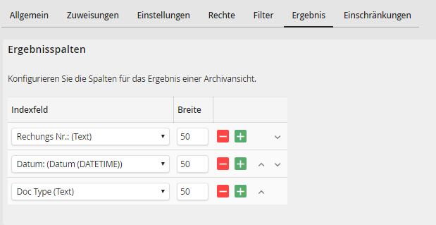 Archivansicht bearbeiten – Registerkarte Ergebnis