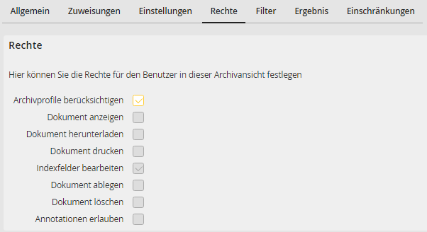 Archivansicht bearbeiten – Registerkarte Rechte