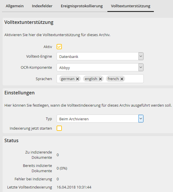Archiv bearbeiten – Registerkarte Volltextunterstützung