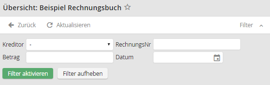 Filter für Übersicht „Beispiel Rechnungsbuch“