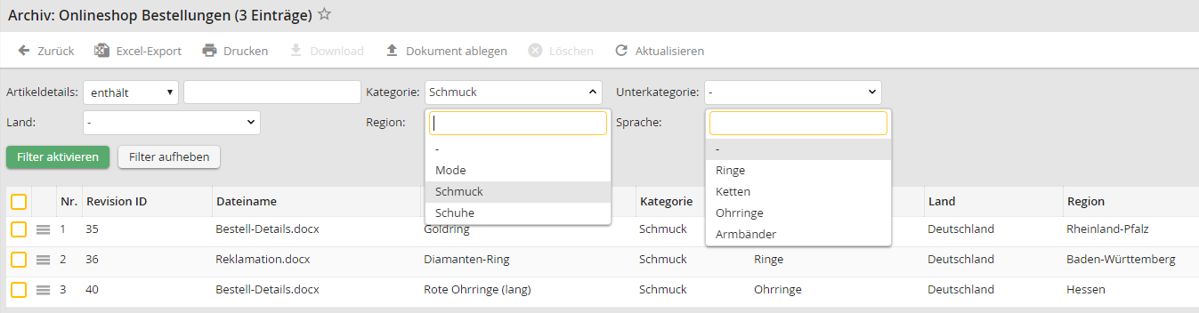 Listenabhängige Auswahllisten - Beispiel: Anhand des Filters Kategorie wird der Filter Unterkategorie ermittelt
