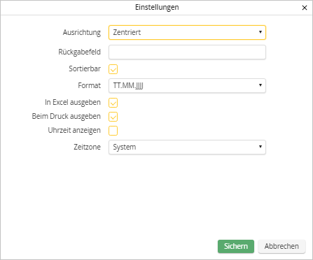 Datumsfeld-Einstellungen