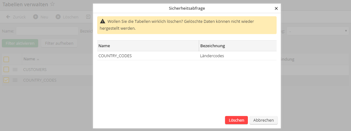 Tabelle löschen (Sicherheitsabfrage)