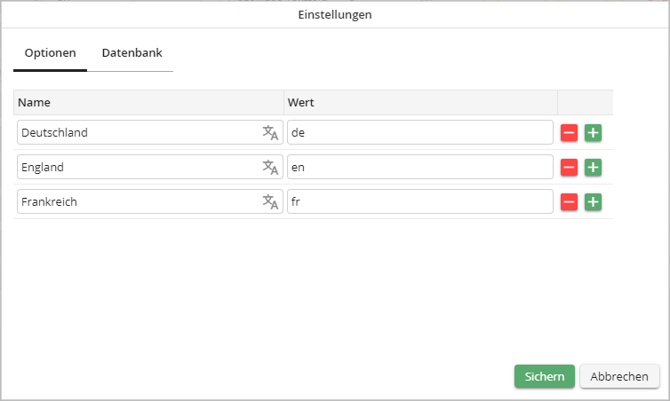 Anzeigetyp Liste: Erweiterte Einstellungen - Optionen