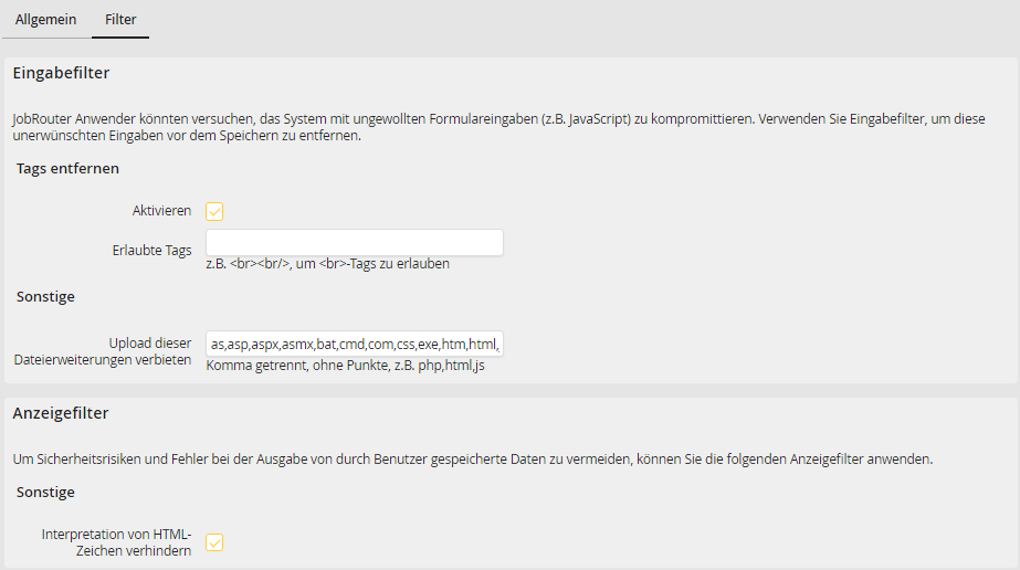 Sicherheitseinstellungen - Filter