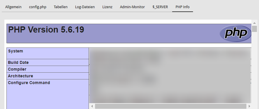 Analyseergebnis – Registerkarte PHP Info