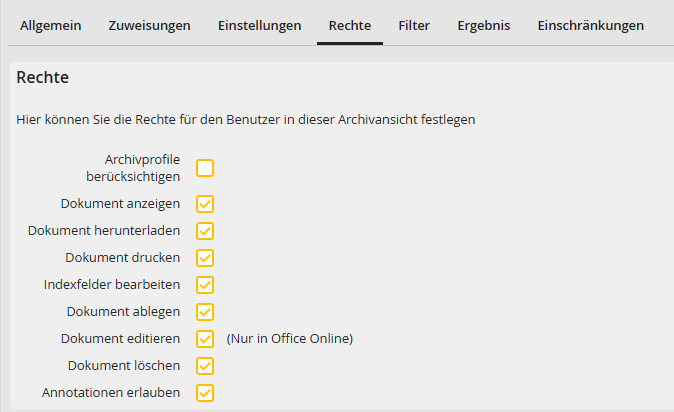 Archivansicht bearbeiten – Registerkarte Rechte Archivansicht bearbeiten – Registerkarte Rechte