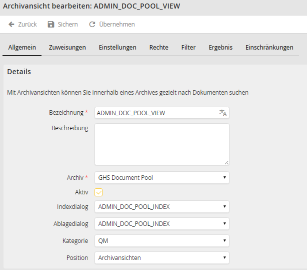 Archivansicht bearbeiten – Registerkarte Allgemein Archivansicht bearbeiten – Registerkarte Allgemein
