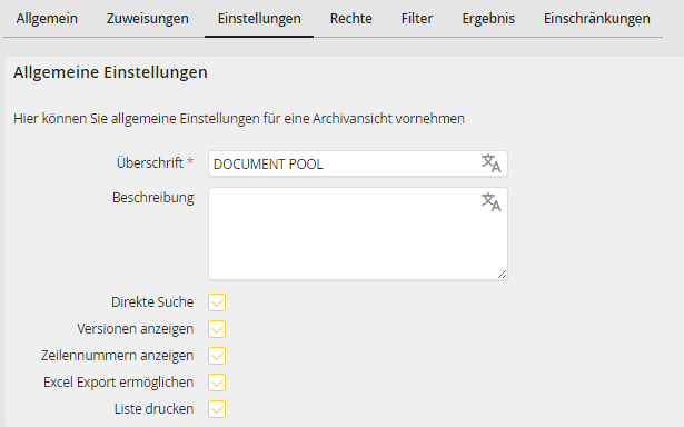 Archivansicht bearbeiten – Registerkarte Einstellungen Archivansicht bearbeiten – Registerkarte Einstellungen