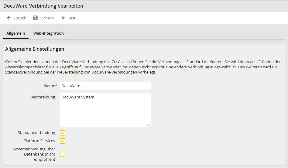 DocuWare-Verbindung bearbeiten: Allgemeine Einstellungen. DocuWare-Verbindung bearbeiten: Allgemeine Einstellungen.