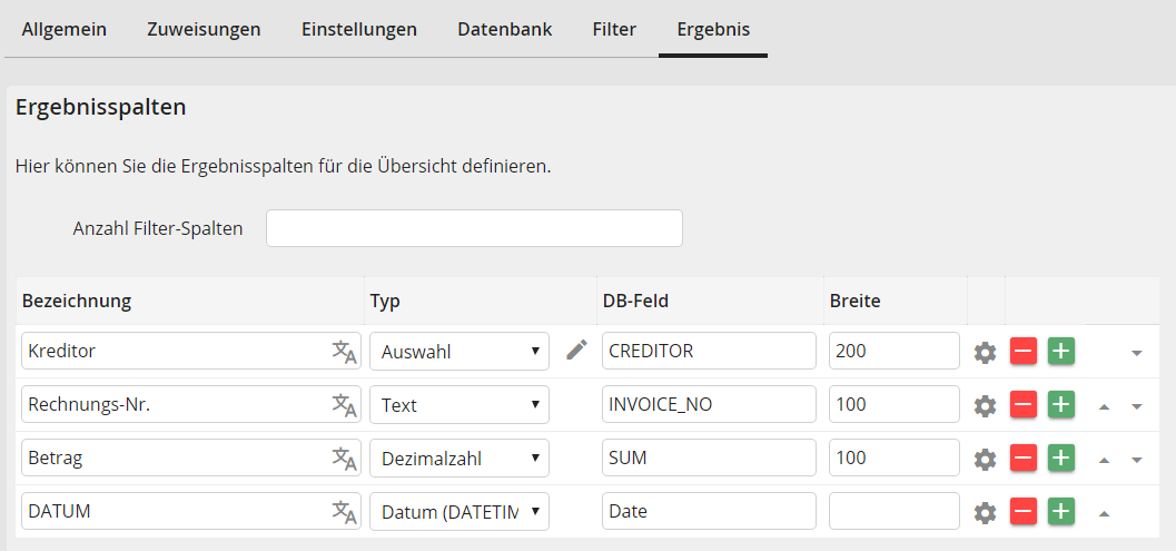 Ergebnisspalten definieren Ergebnisspalten definieren