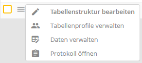 Tabellen verwalten: Kontextmenü Tabellen verwalten: Kontextmenü