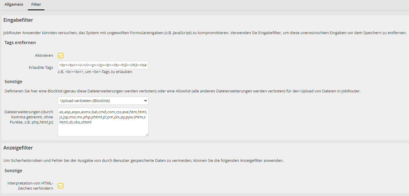 Sicherheitseinstellungen - Filter Sicherheitseinstellungen - Filter