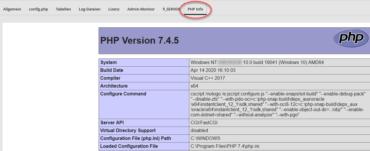 Analyseergebnis – Registerkarte PHP Info Analyseergebnis – Registerkarte PHP Info
