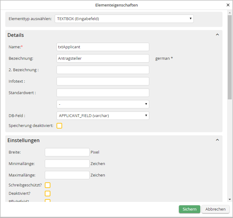 Elementeigenschaften bearbeiten: TEXTBOX