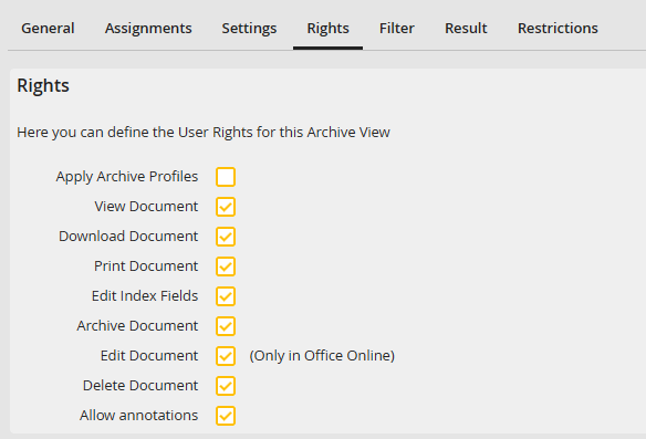 Edit archive view - Rights tab Edit archive view - Rights tab