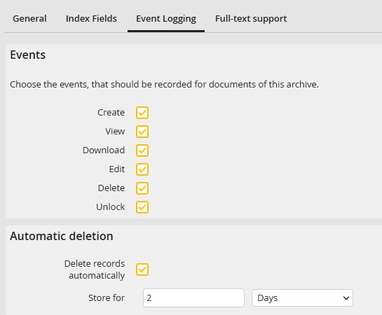 Edit Archive - Event logging tab