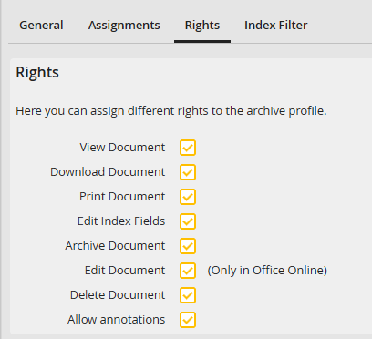 Edit archive profile - Rights tab Edit archive profile - Rights tab