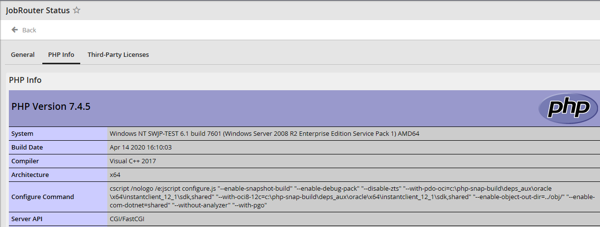 Analysis result - PHP Info tab