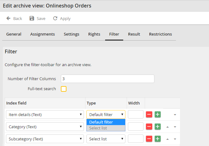 Edit Archive View - Filter tab