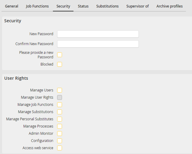 Specify a User's Password and User Rights