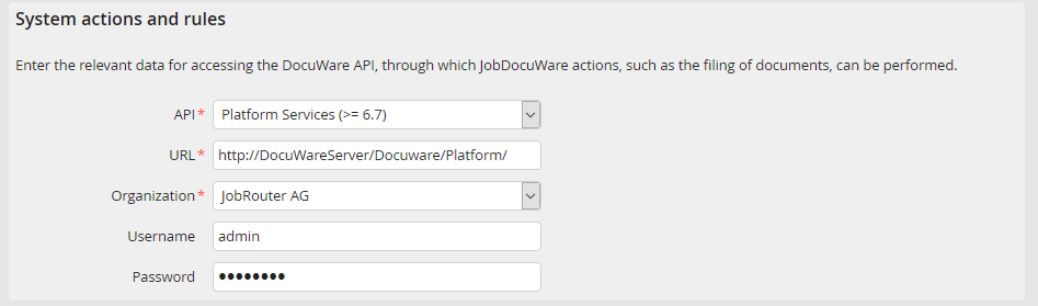 System actions and rules: Datenbase connection