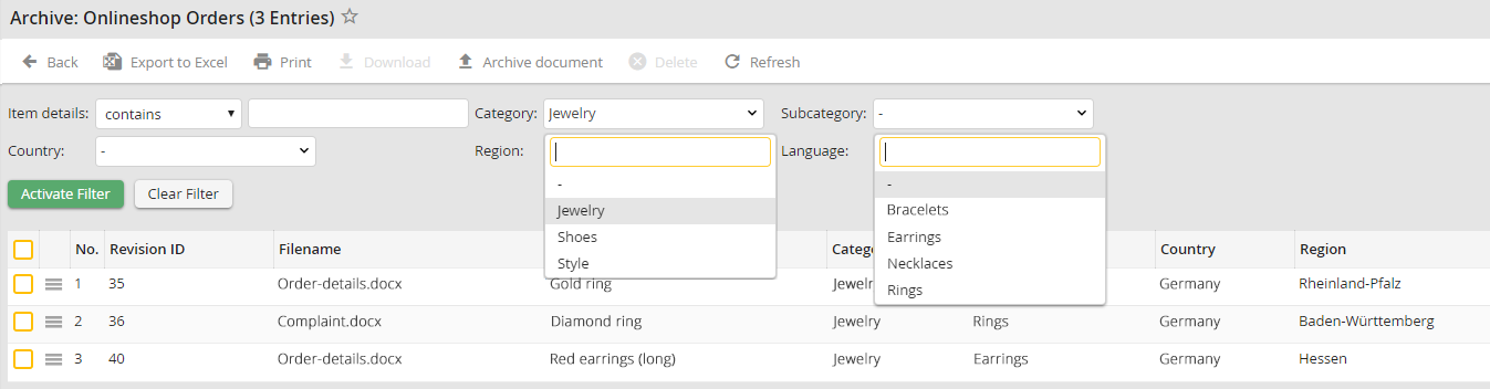List-dependent select lists - Example: The filter Category is used to determine the filter Subcategory