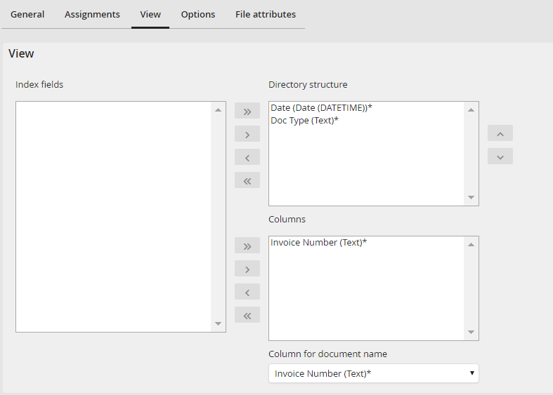 View tab - Configure index fields for the view&nbsp;