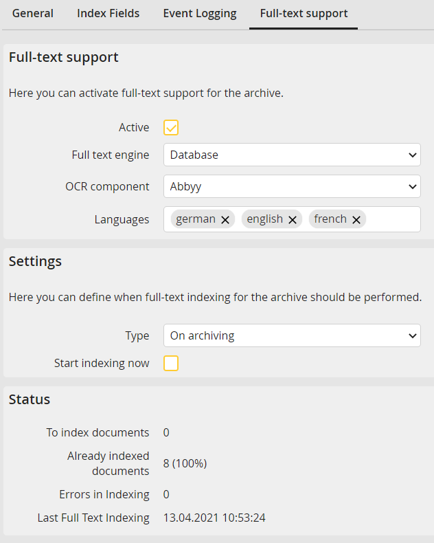 Edit archive - Full-text support tab