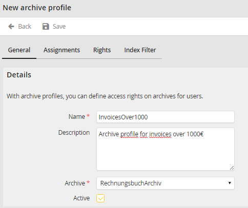 Edit archive profile - General tab Edit archive profile - General tab