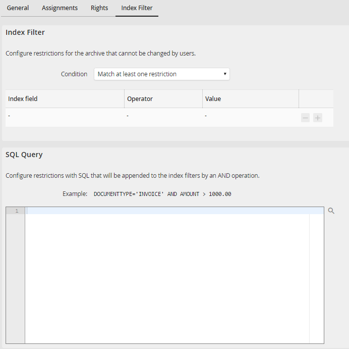 Edit archive profile - Index filter tab