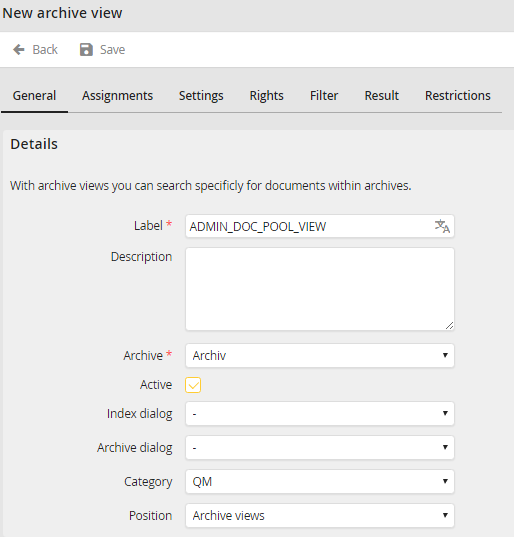 Edit Archive View - General tab