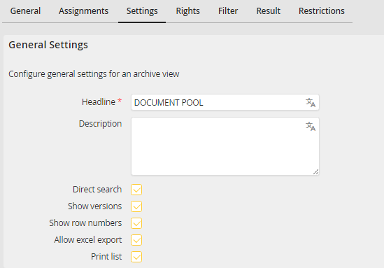 Edit Archive View - Settings tab Edit Archive View - Settings tab