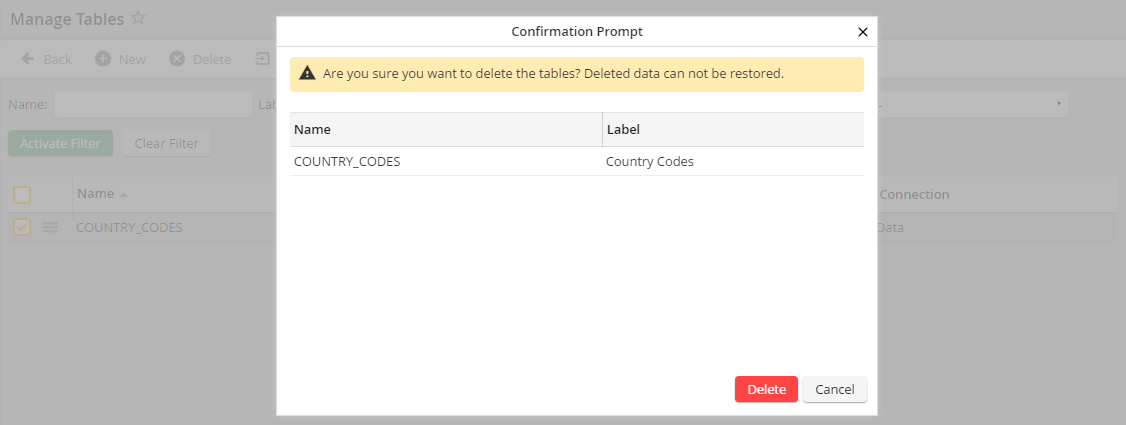 Delete table (confirmation prompt) Delete table (confirmation prompt)