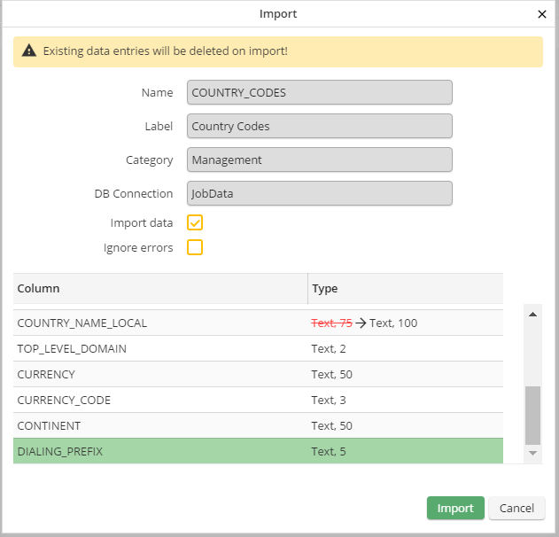 Import table: Adapt properties Import table: Adapt properties