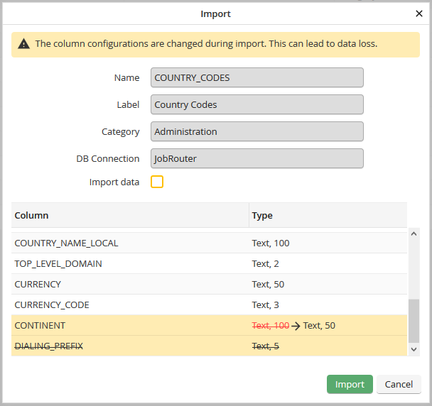 Import table: Potential data loss during import Import table: Potential data loss during import