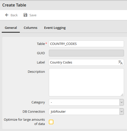 Create table: Tab General