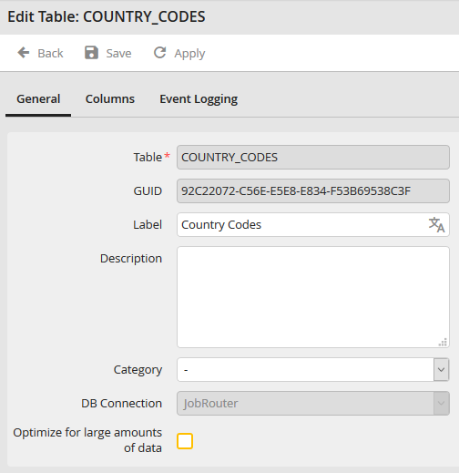 Edit table: Tab General