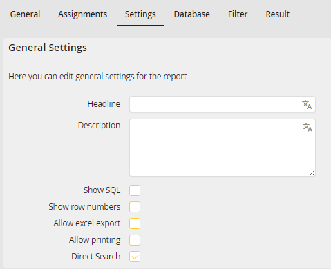 General settings for a report