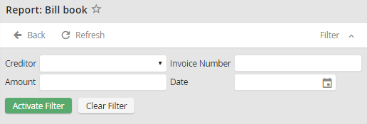 Filter for the report "Bill book"