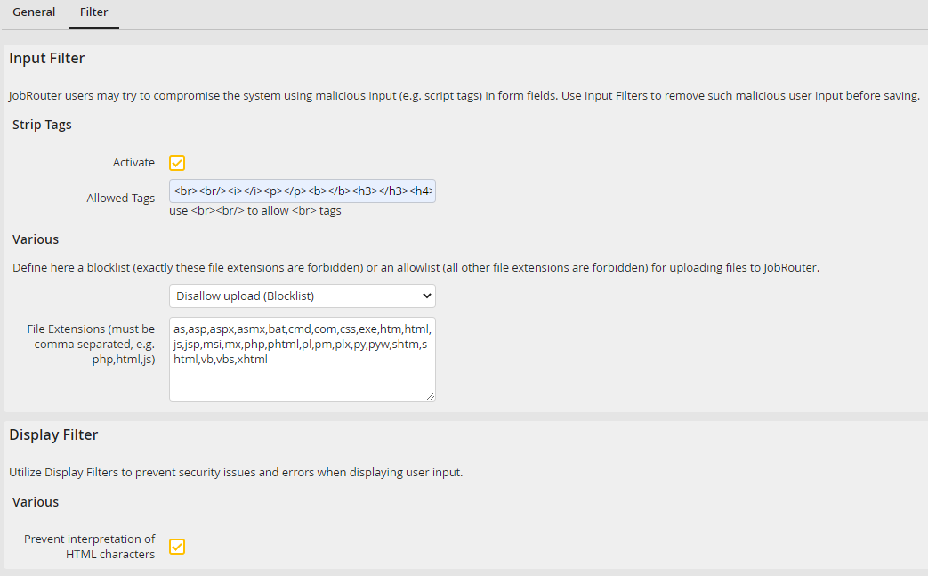 Security settings - Filter