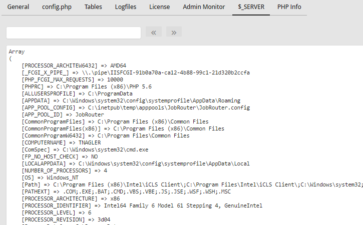 Analysis result - $_SERVER tab