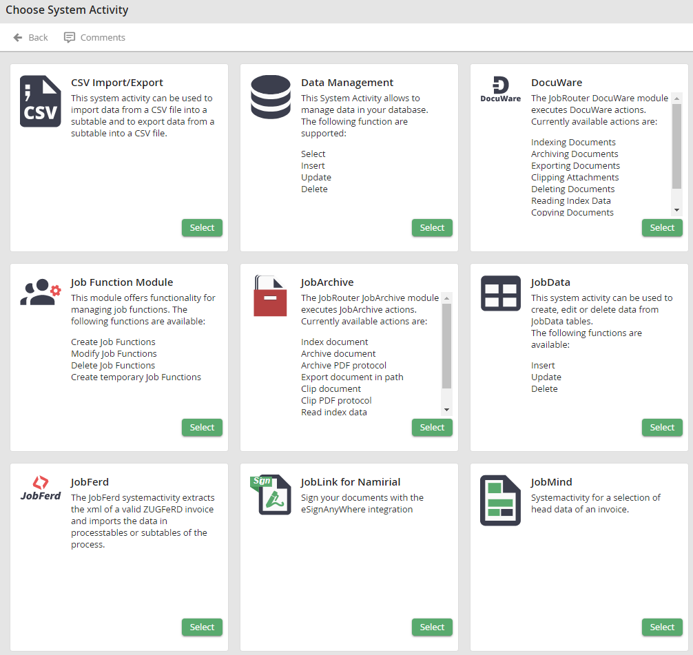 Selecting system activities Selecting system activities