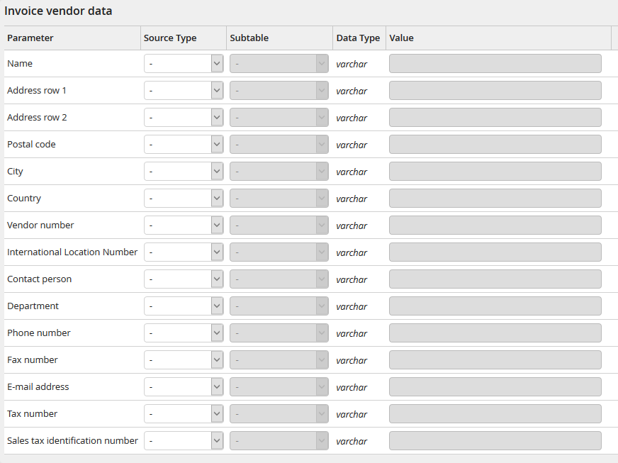 Input parameters: Invoice vendor data