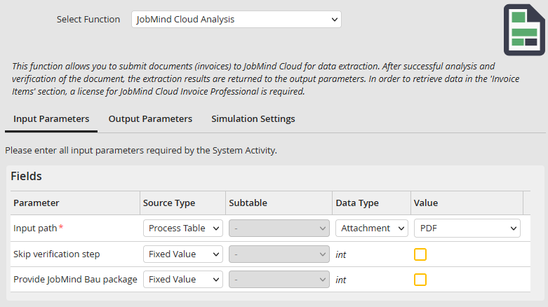 Input parameters - single fields