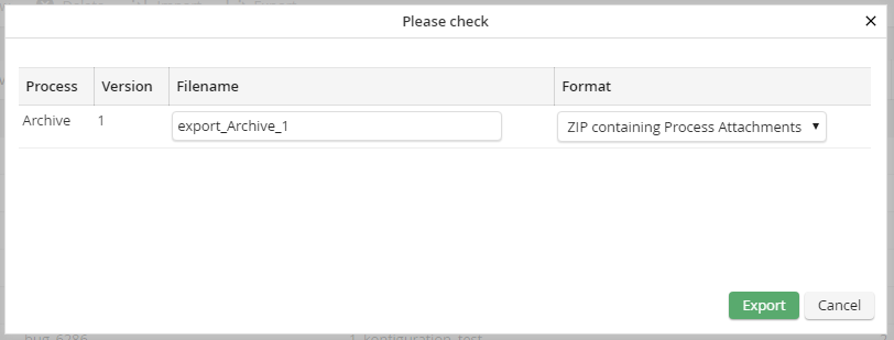 Dialog window for process export